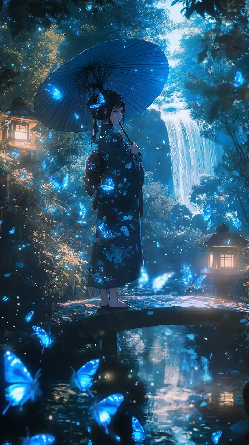 Anime girl on bridge in luminous bamboo forest night