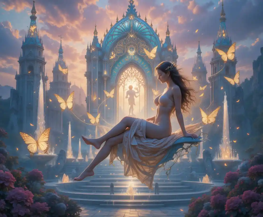 Psyche In A Floating Crystal Palace At Pastel Dusk