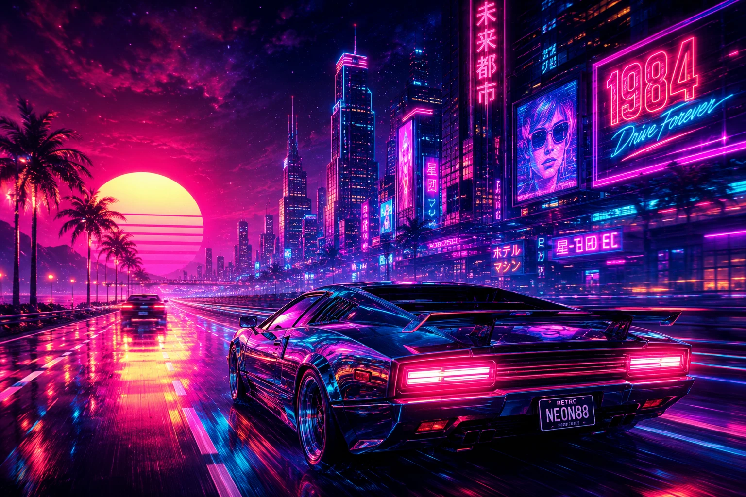 Auto deportivo futurista corriendo por ciudad cyberpunk de neón