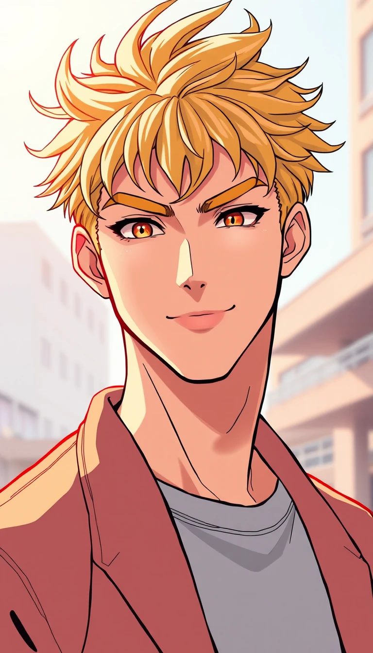 Tall golden haired man in anime style at sunrise