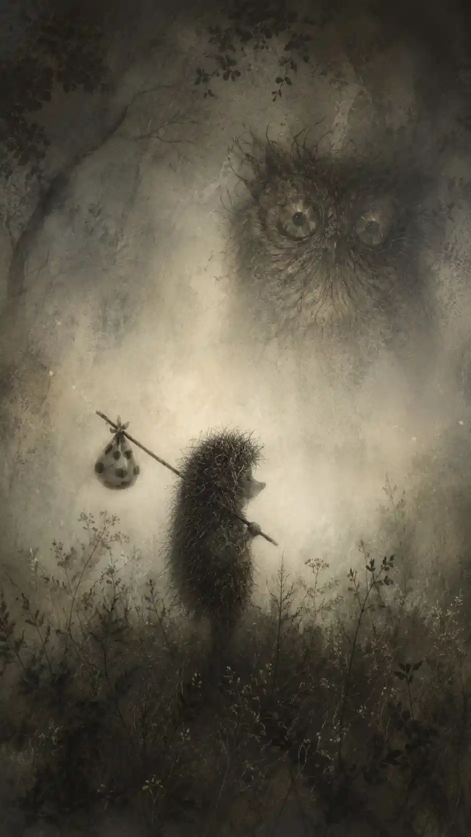 Surreal hedgehog in foggy enchanted forest with distant owl