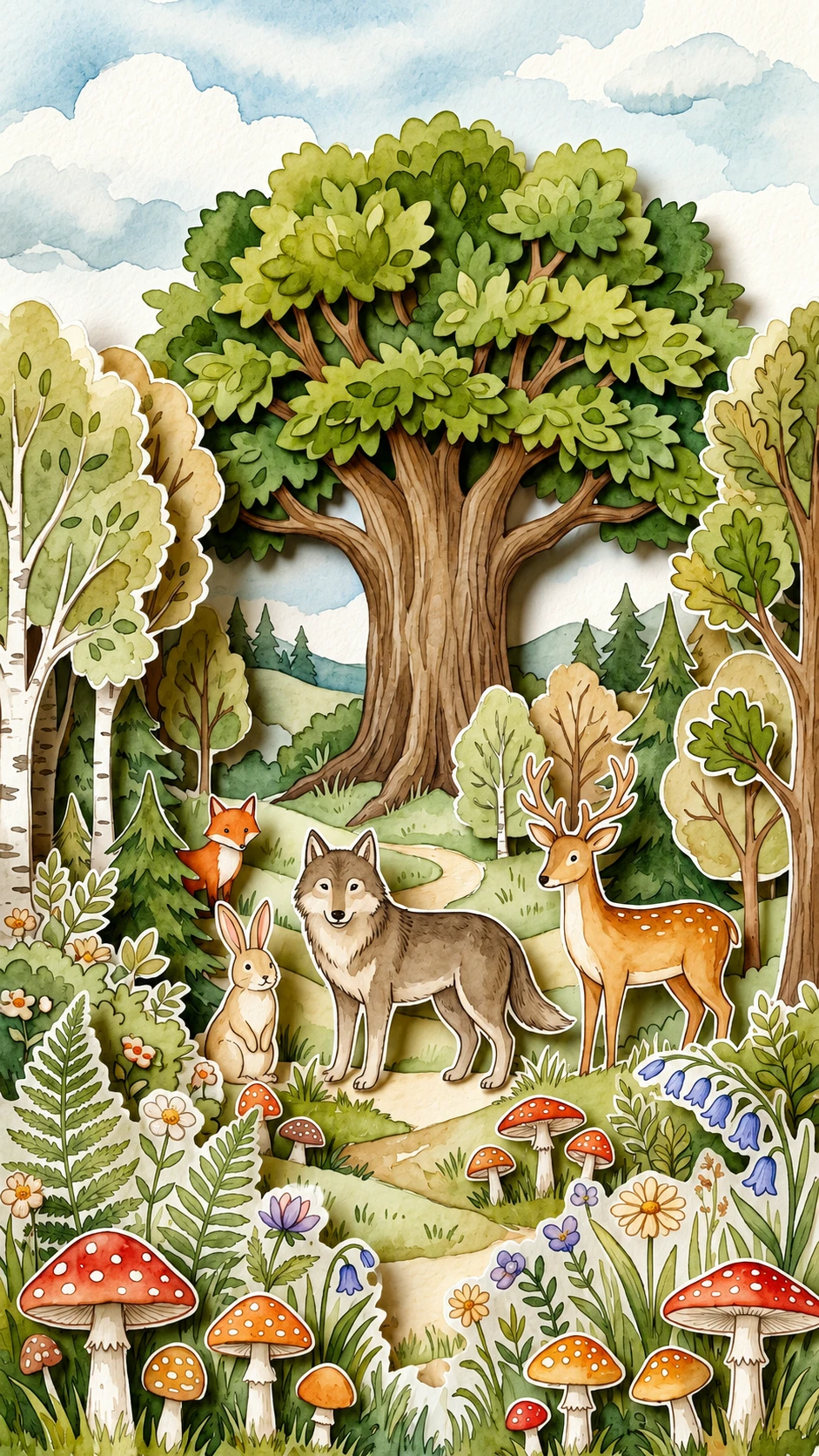 Whimsical paper forest world with woodland animals