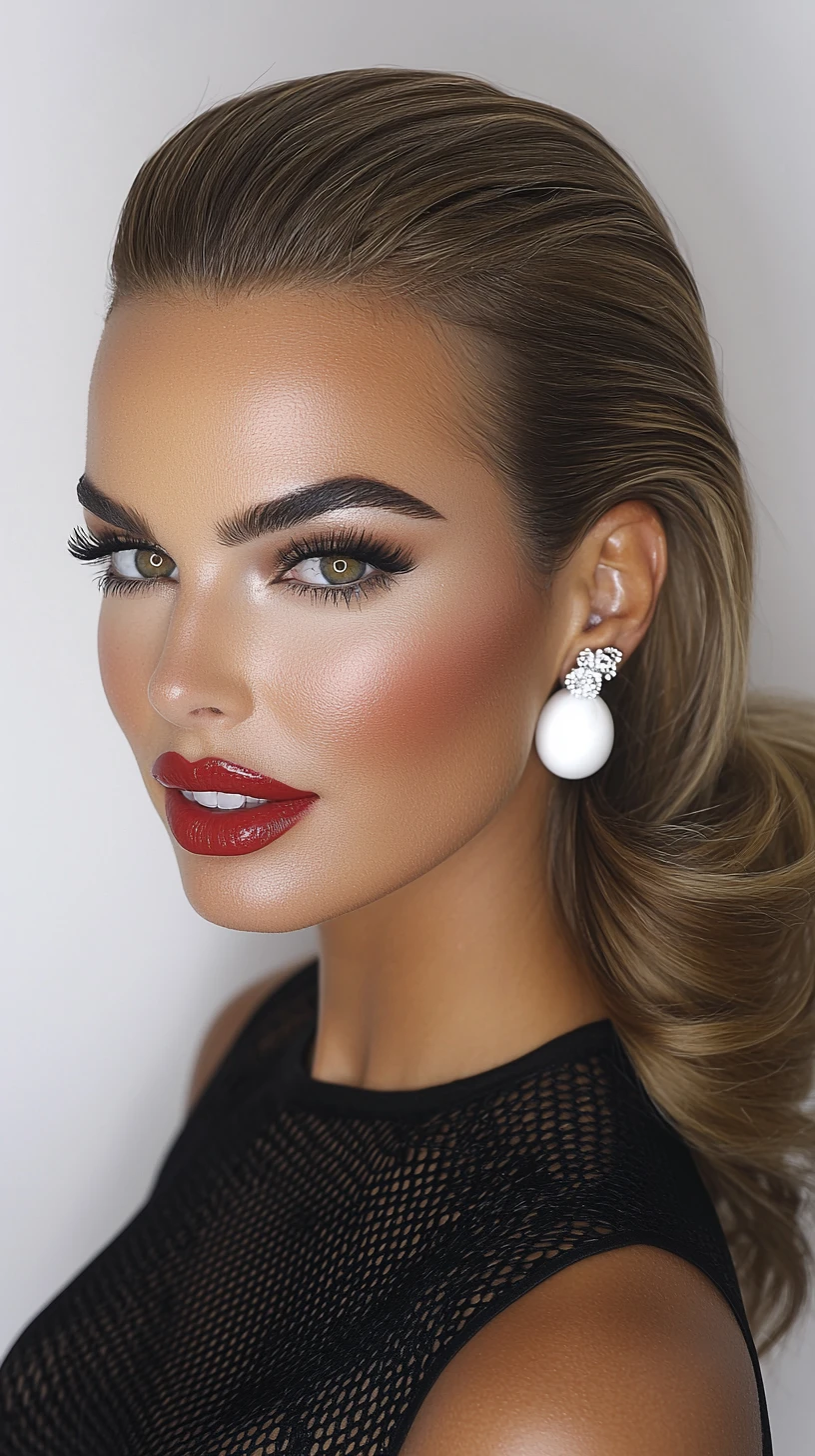 Confident beauty portrait with wet slicked hair and bold lip
