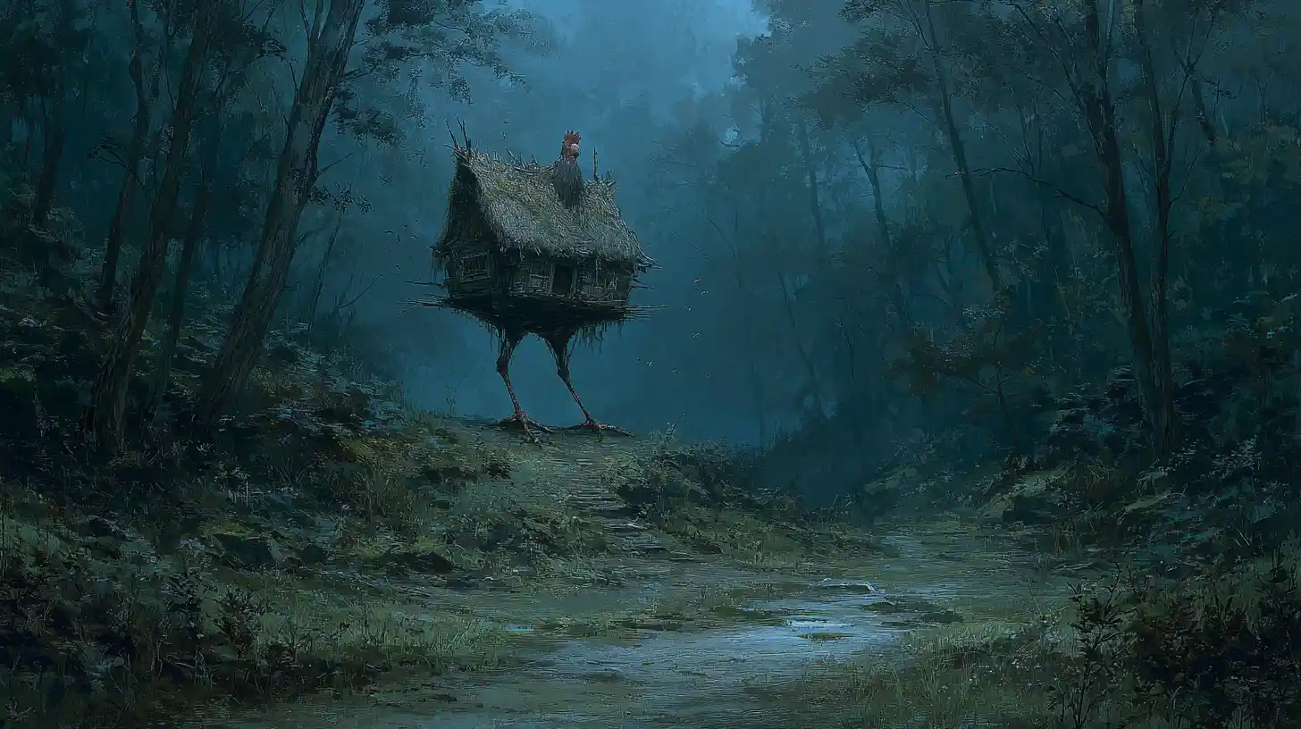 Witch hut on chicken legs in a dark slavic forest