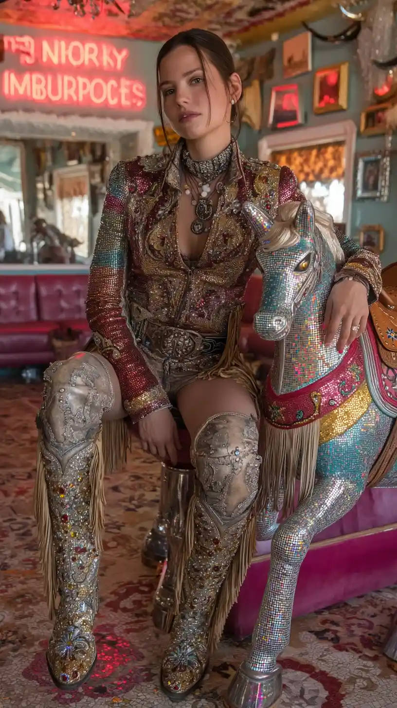 Disco cowgirl queen posing beside a mechanical bull