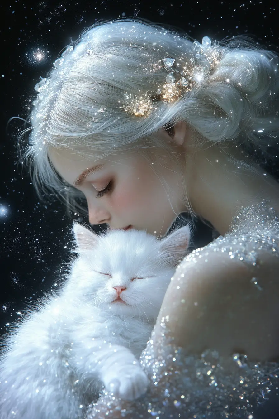 Celestial girl cradling a luminous kitten in starlit darkness