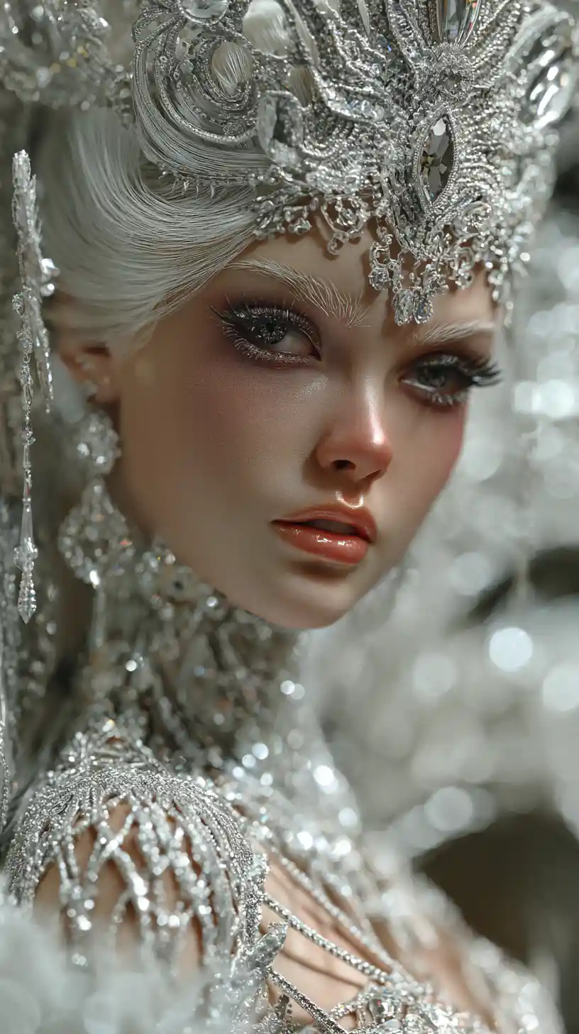 Regal fantasy queen with diamond crown in grand ballroom