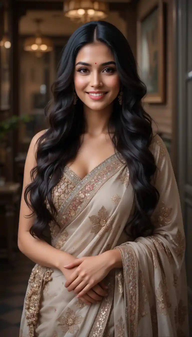 Elegant Indian woman smiling with long dark flowing hair