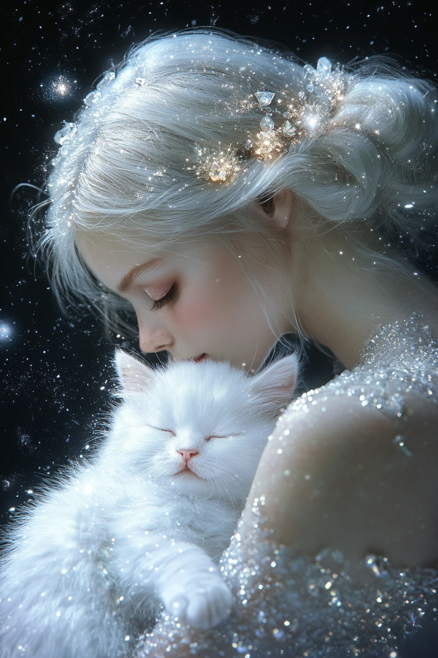 Celestial girl cradling a luminous kitten in starlit darkness