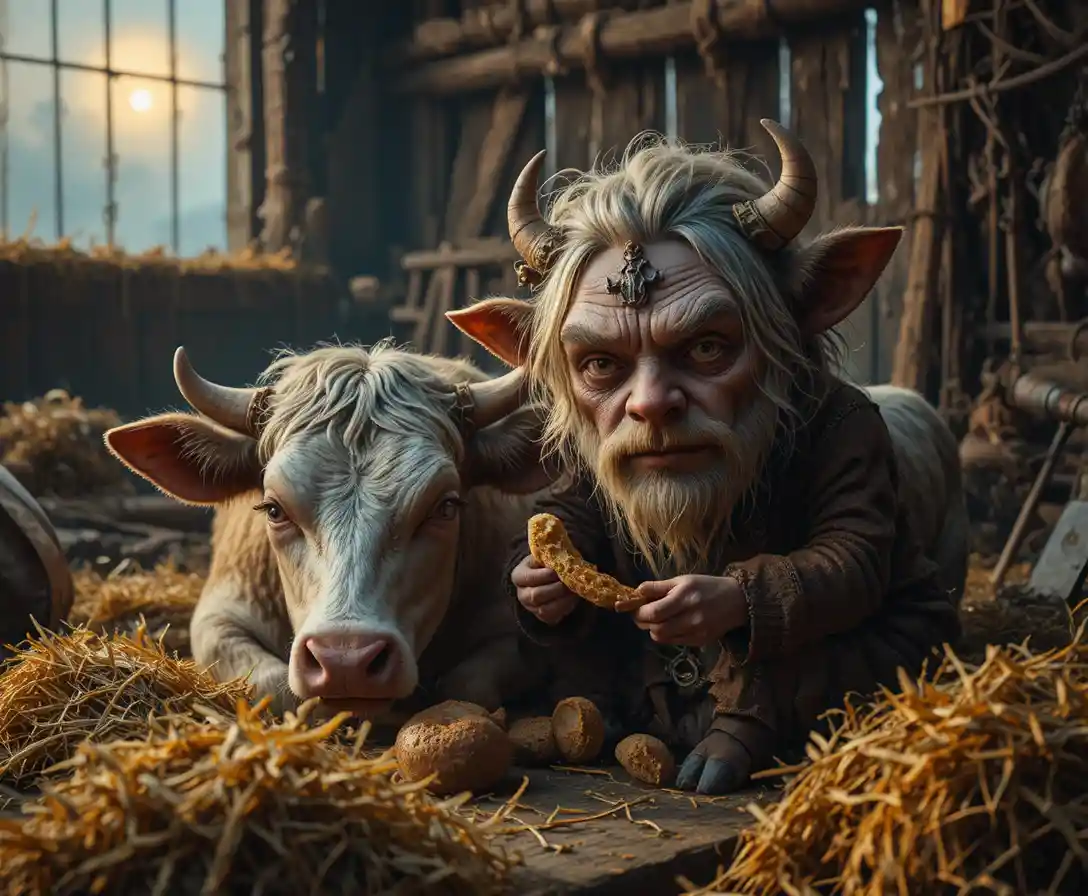 Surreal goblin spirit in a moonlit barn with cow
