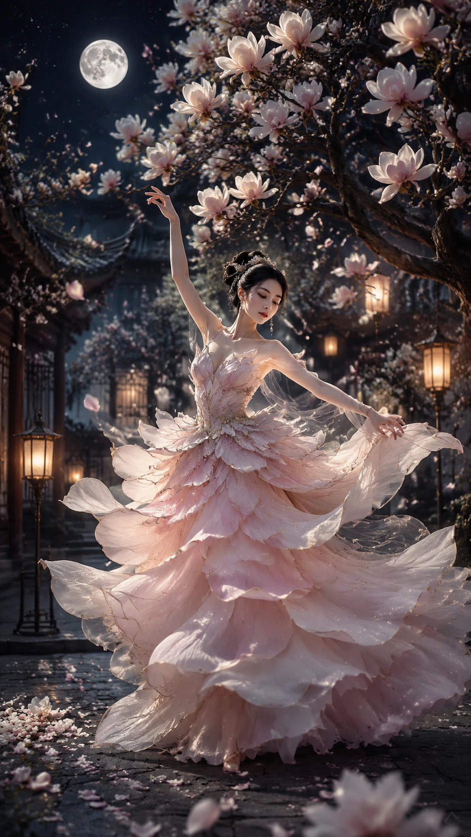 Mujer bailando bajo magnolias en un patio iluminado por la luna