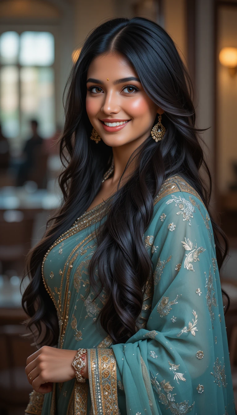 Elegant Indian woman smiling in a traditional modern outfit