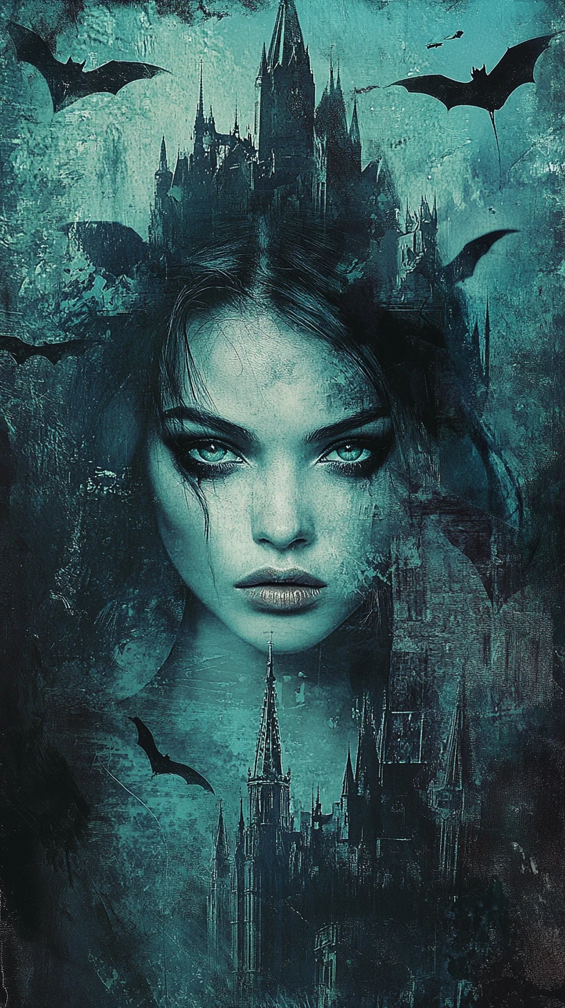 Gothic woman before a castle in teal night scene