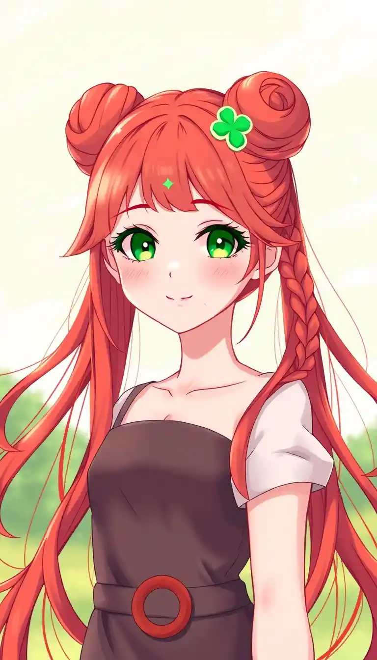 Cheerful red haired anime girl under soft dawn sky