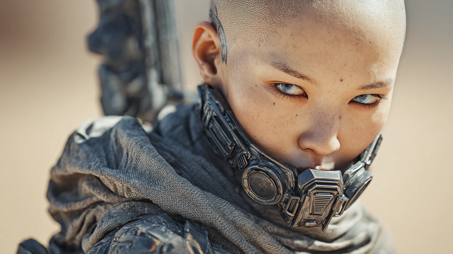 Desert monk cyborg woman in a war torn future