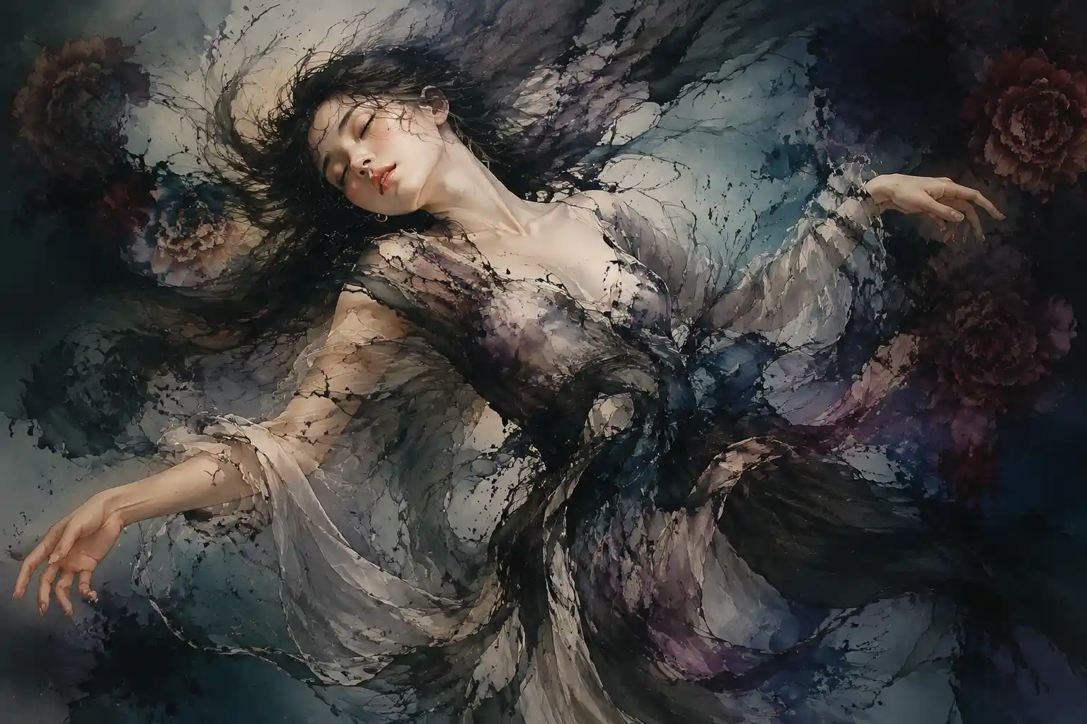 Ethereal woman falling through flowing watercolor ink forms