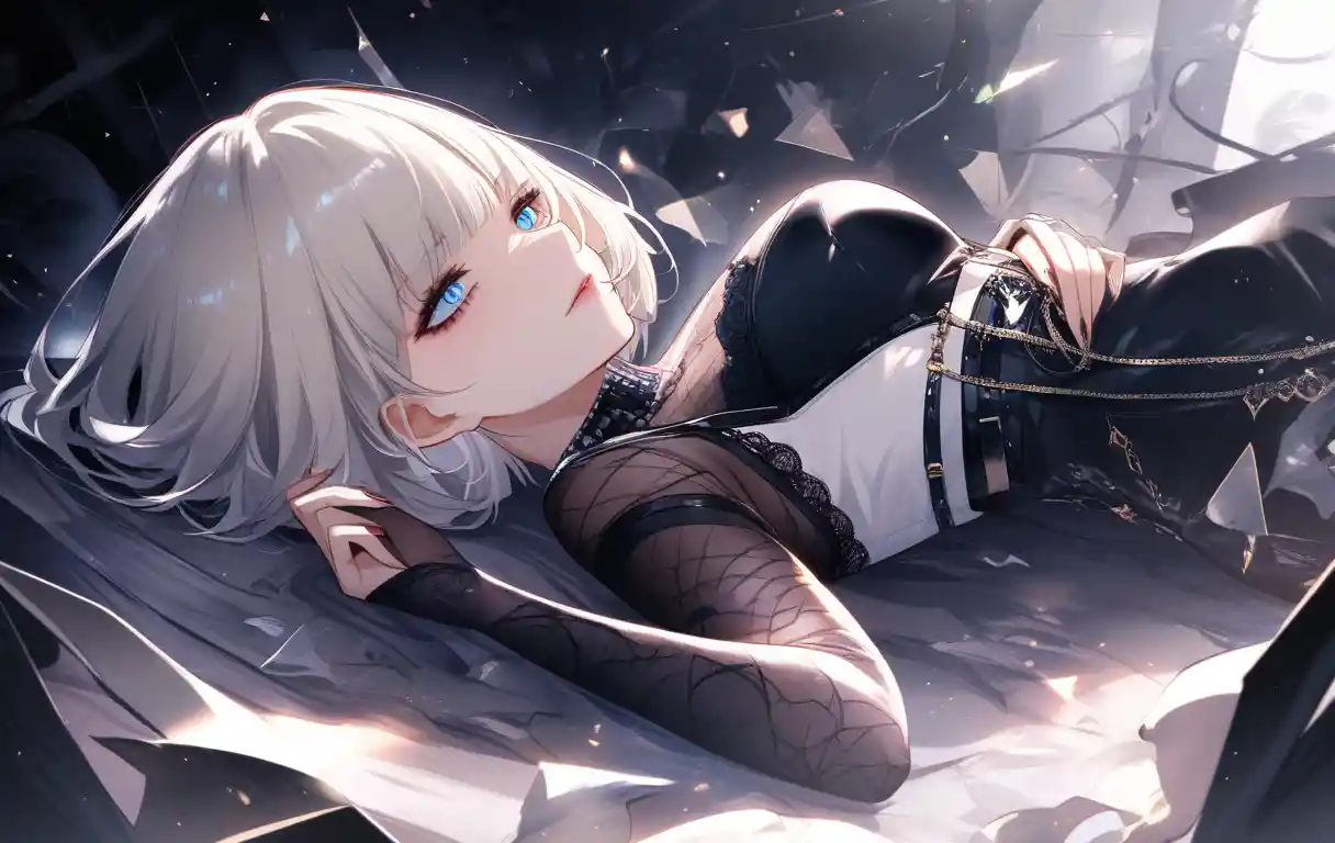 Goth fashion woman lying on her back with blue eyes