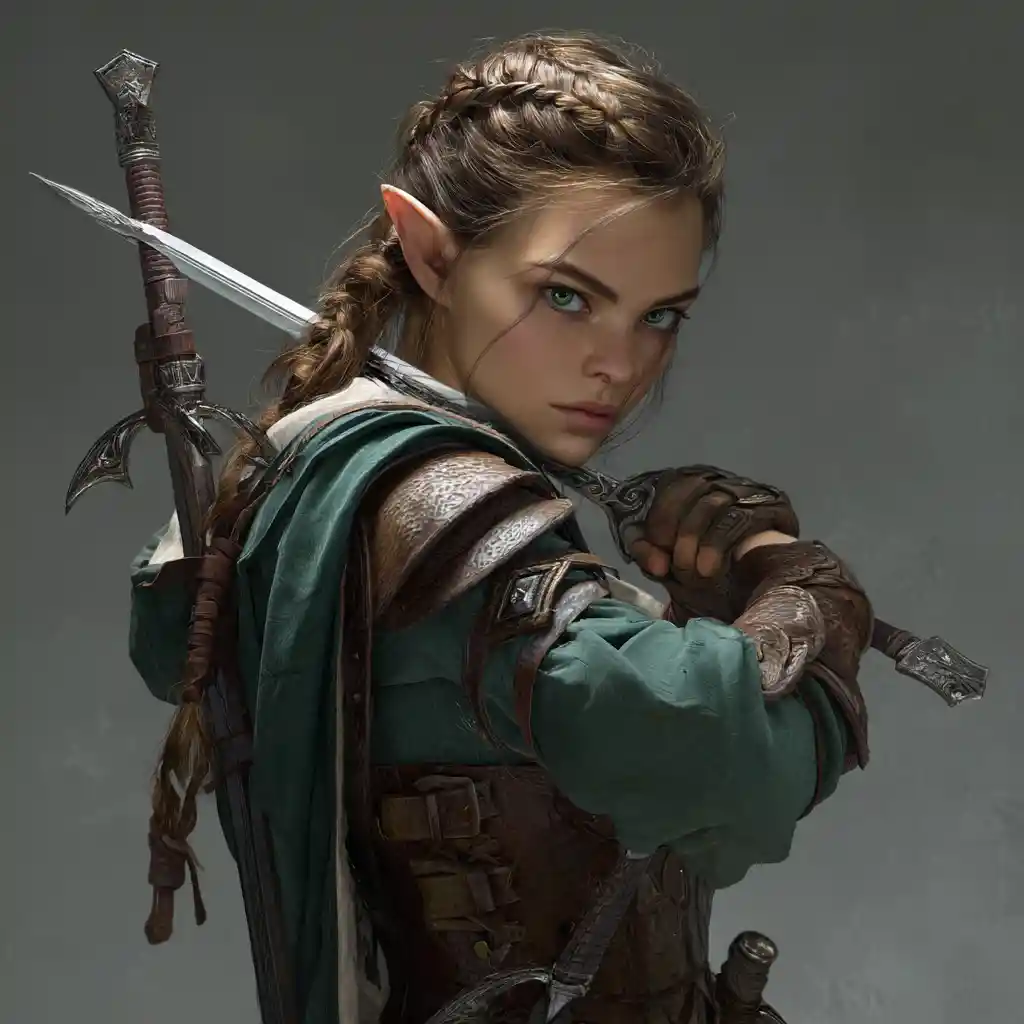 Elf warrior woman with braids and dual bladed sword