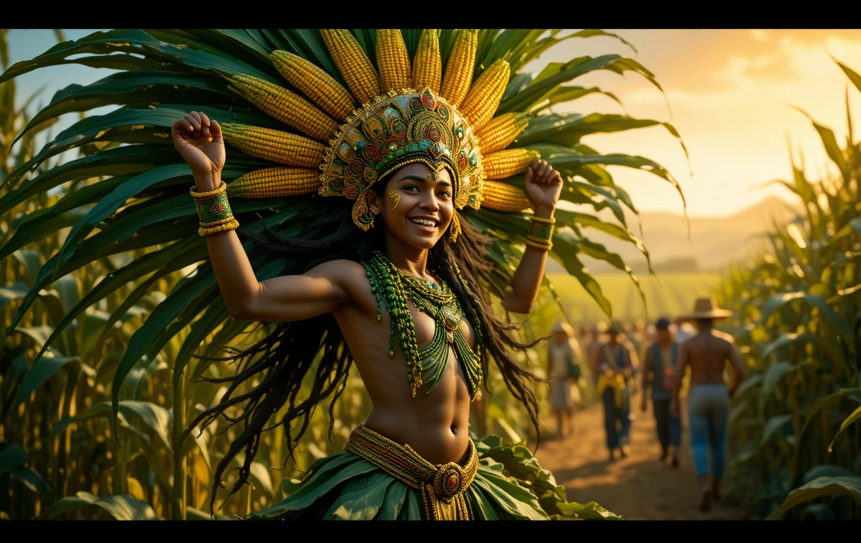 Joyful maize god dancing in glowing golden corn fields