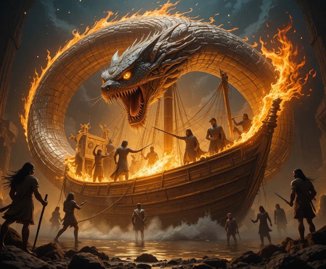Ra as a great tomcat battling a giant chaos serpent
