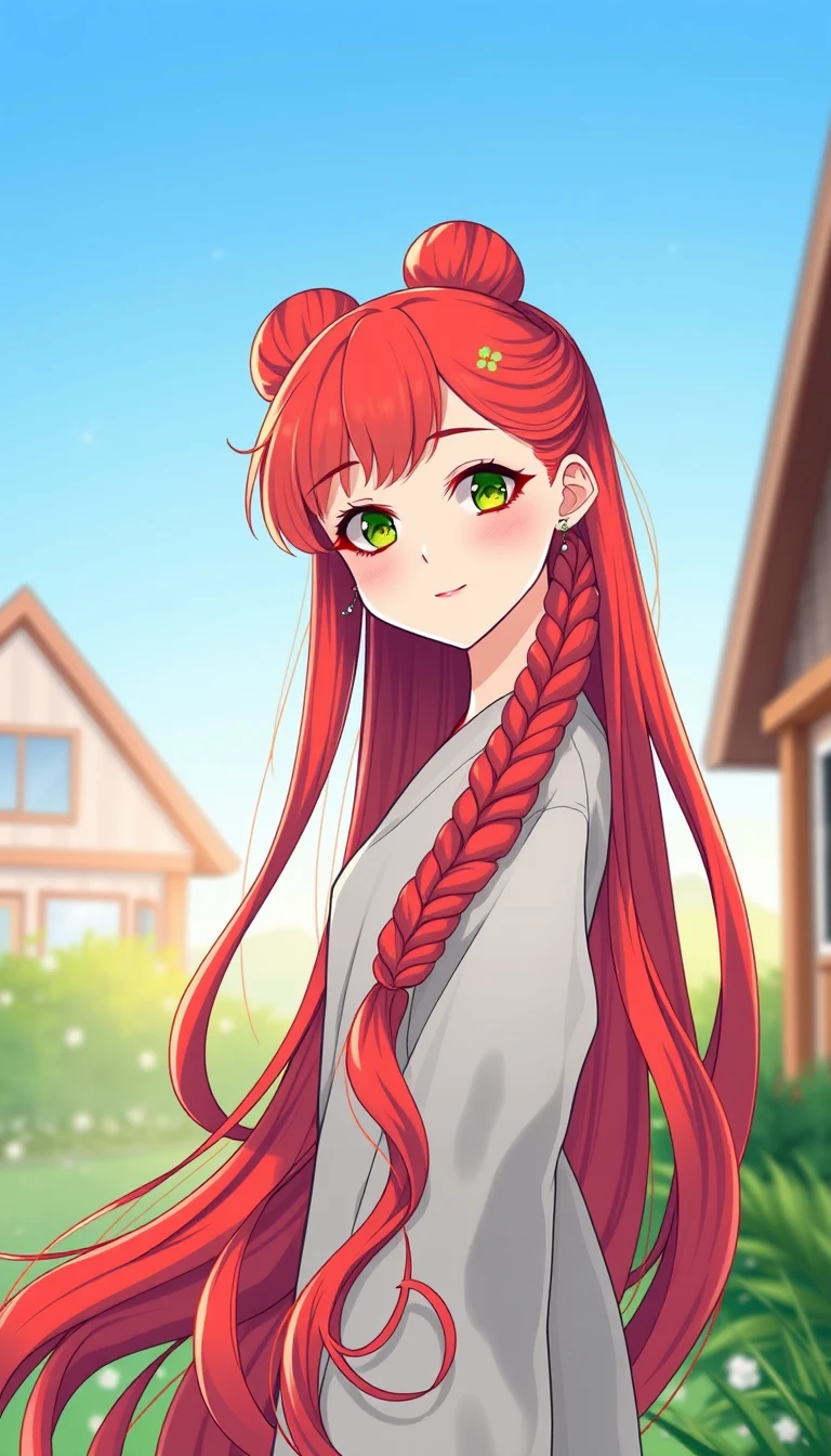 Alegre chica de anime pelirroja bajo un suave cielo al amanecer