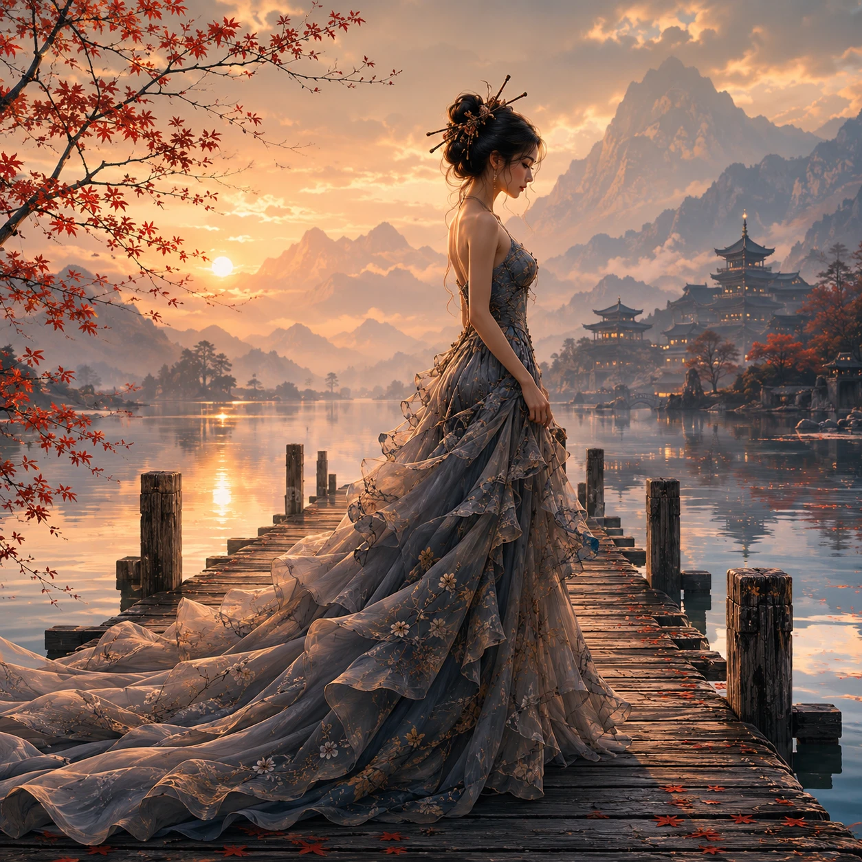 Mujer elegante con vestido caminando por un muelle de madera