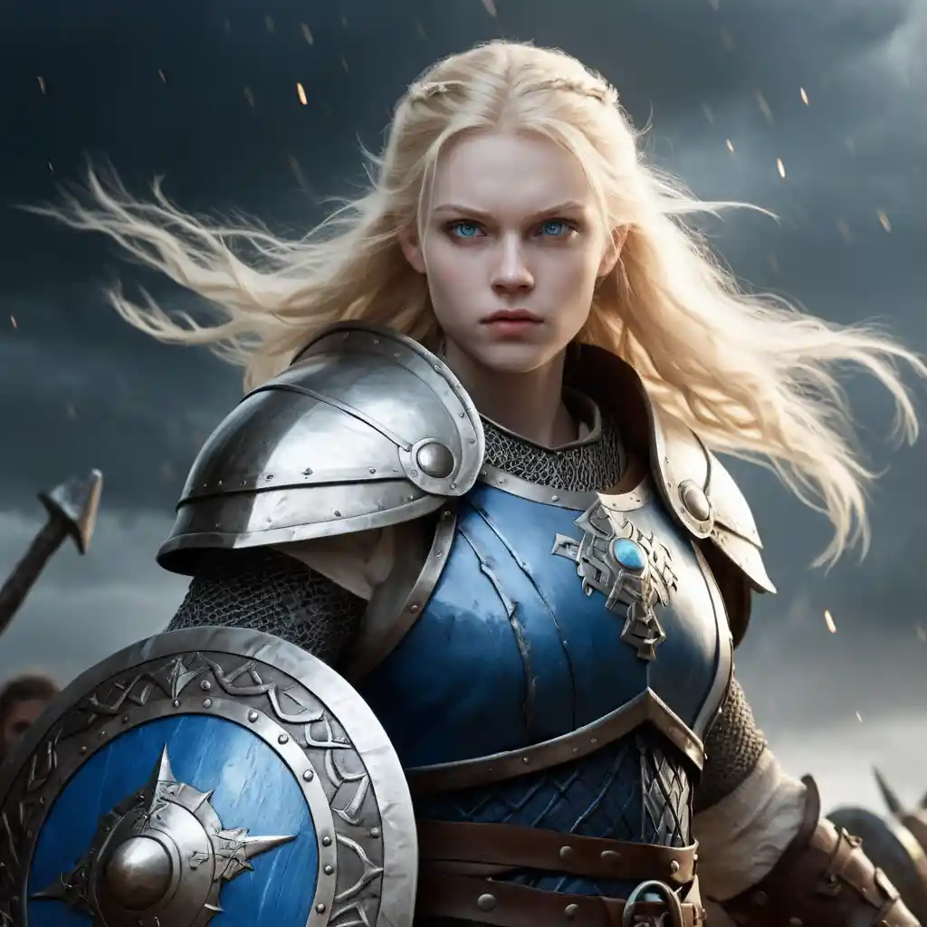 Blonde fantasy cleric with hammer shield and storm magic