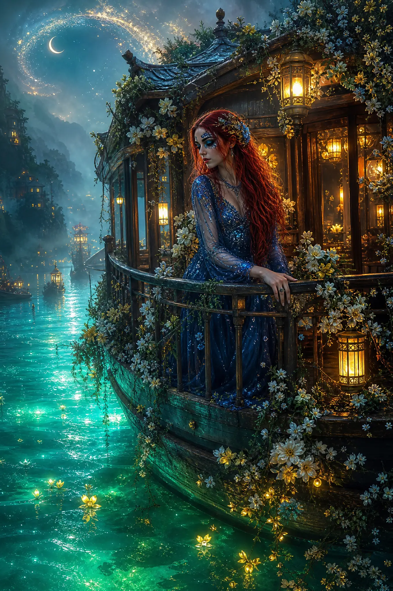 Woman on misty houseboat over glowing emerald water