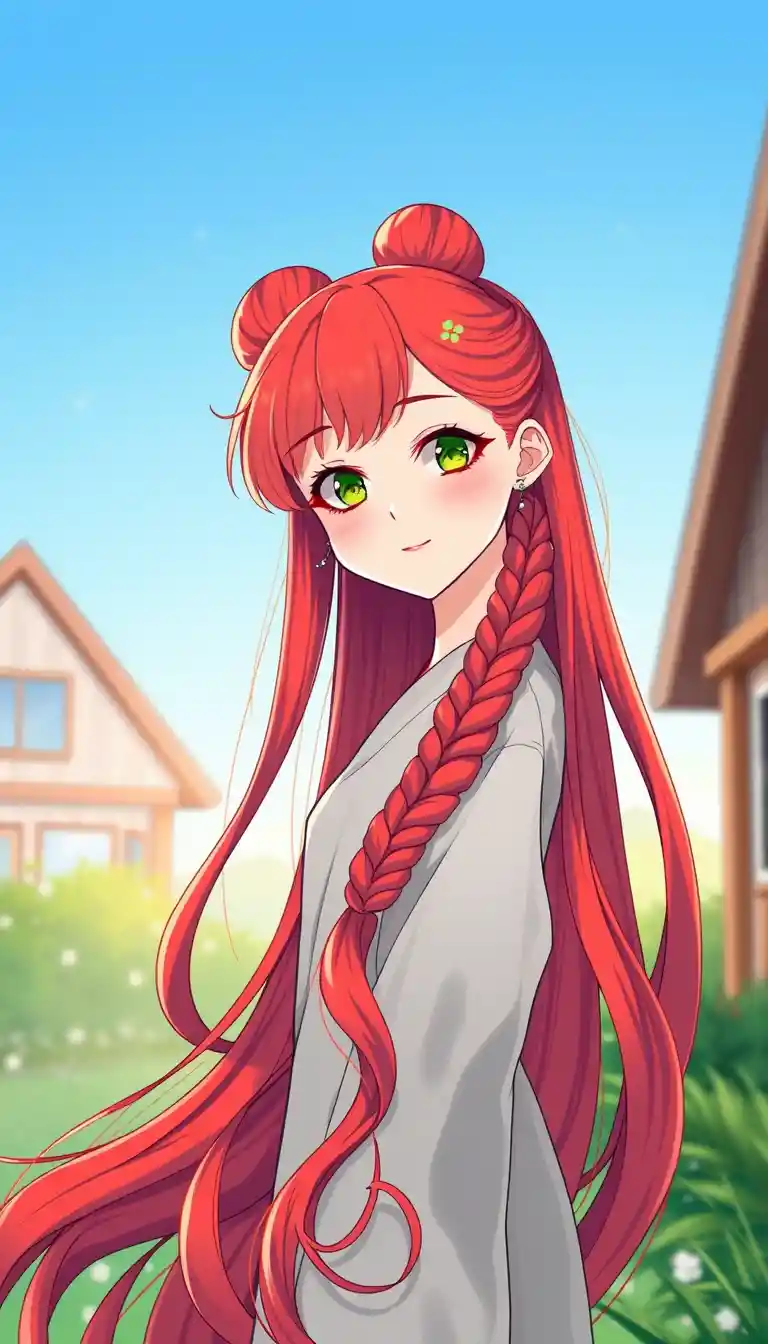 Cheerful red haired anime girl under a soft dawn sky