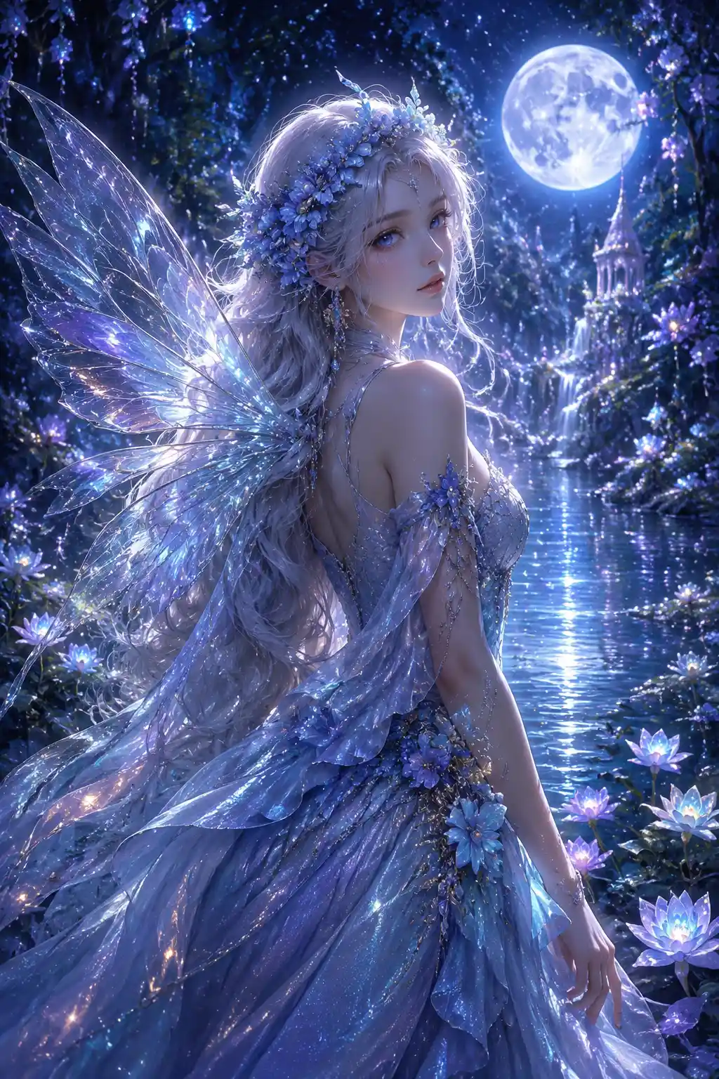 Silver haired fairy woman by a moonlit forest pond