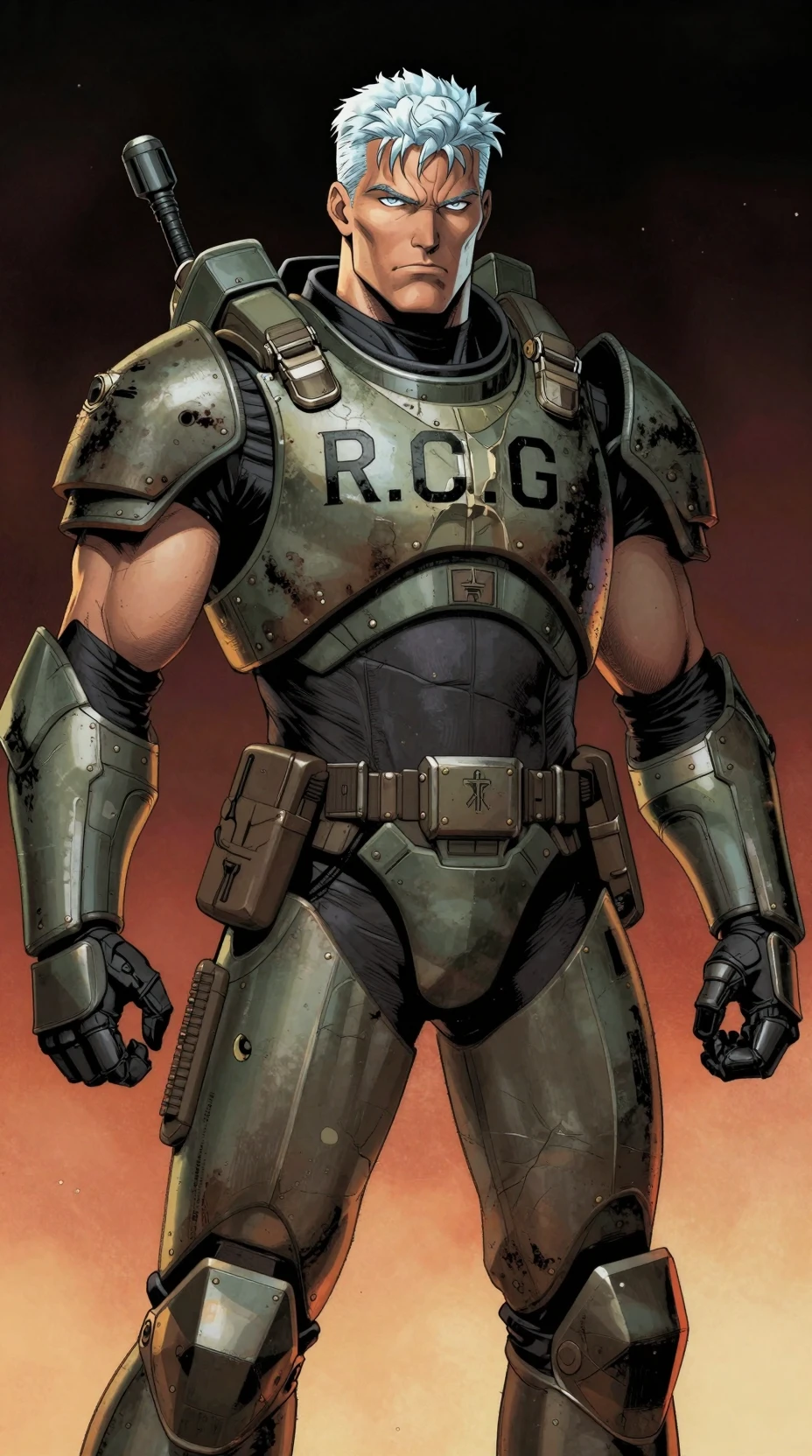 Towering sci fi enforcer in scarred regency battle armor