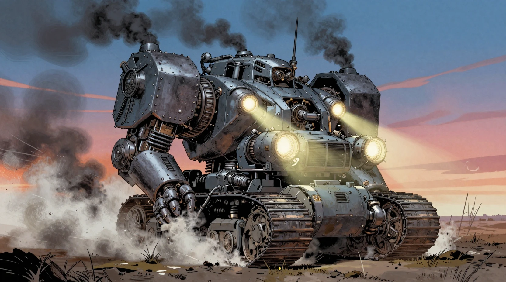 Colossal war machine dominates the marsh in harsh floodlights