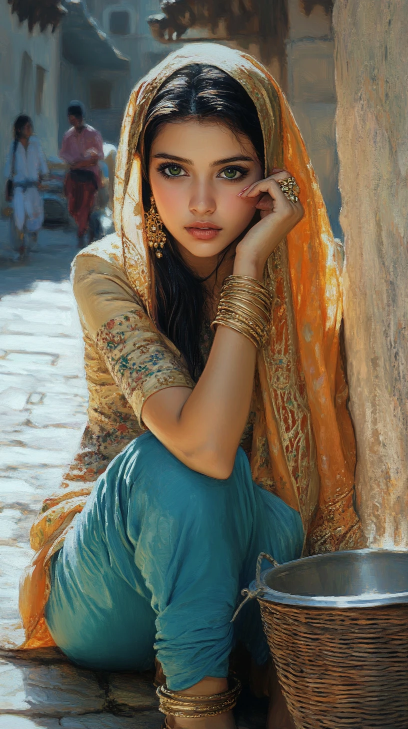 Young Indian woman in salwar kameez on sunlit street