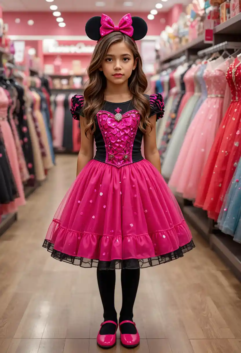 Tween boy in pink Minnie dress at Disney shop