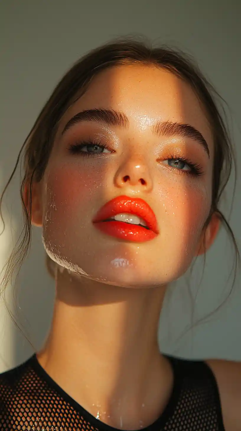 Confident beauty portrait with slicked hair and bold lip