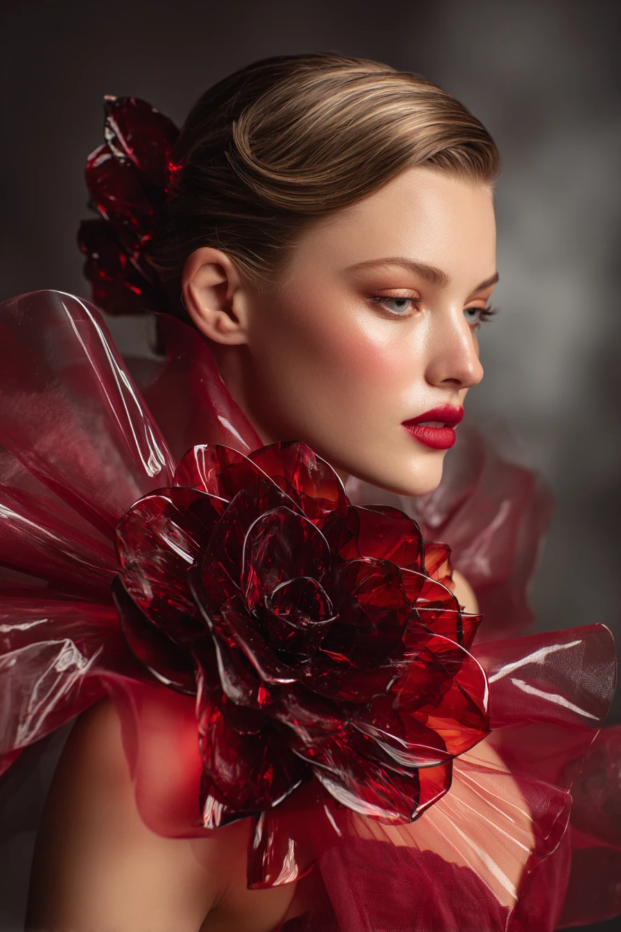 Retrato de mujer glamurosa con vestido de alta costura rojo rubí