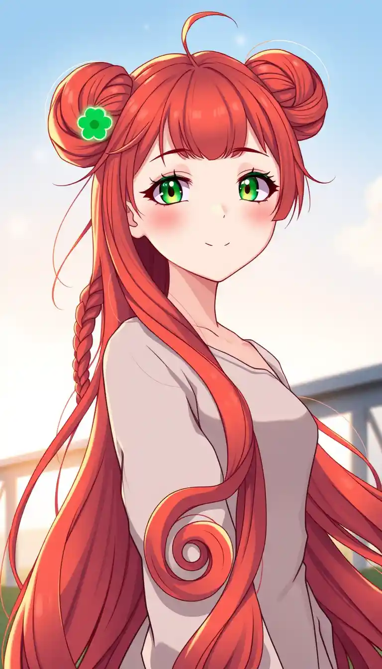 Cheerful red haired anime girl in soft dawn light