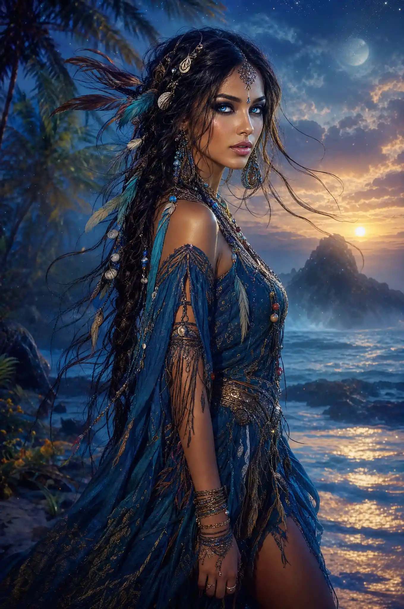 Boho woman with blue eyes on a tropical shore
