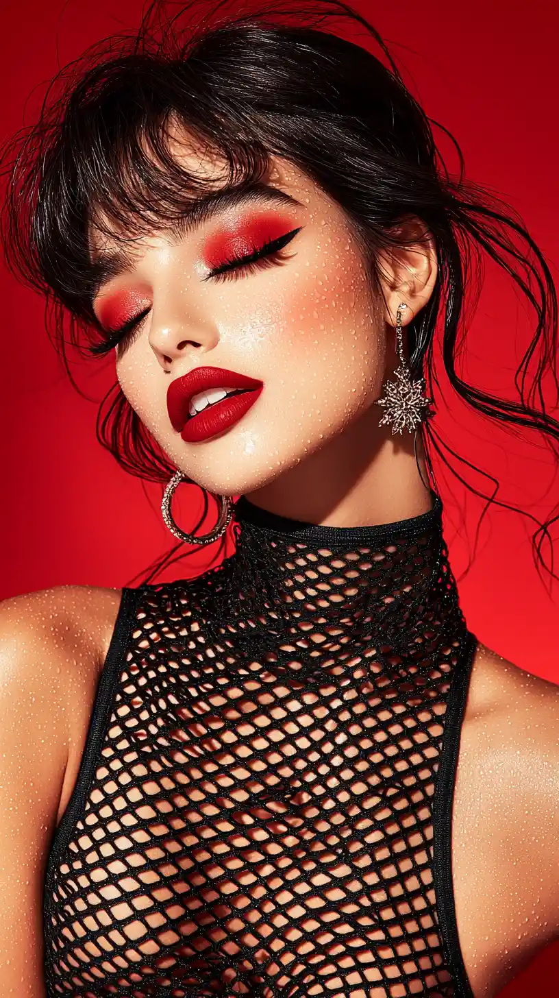 Confident beauty portrait with slick hair and bold lip