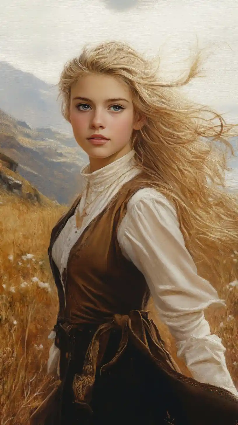 Young woman on a windy sea cliff at golden hour