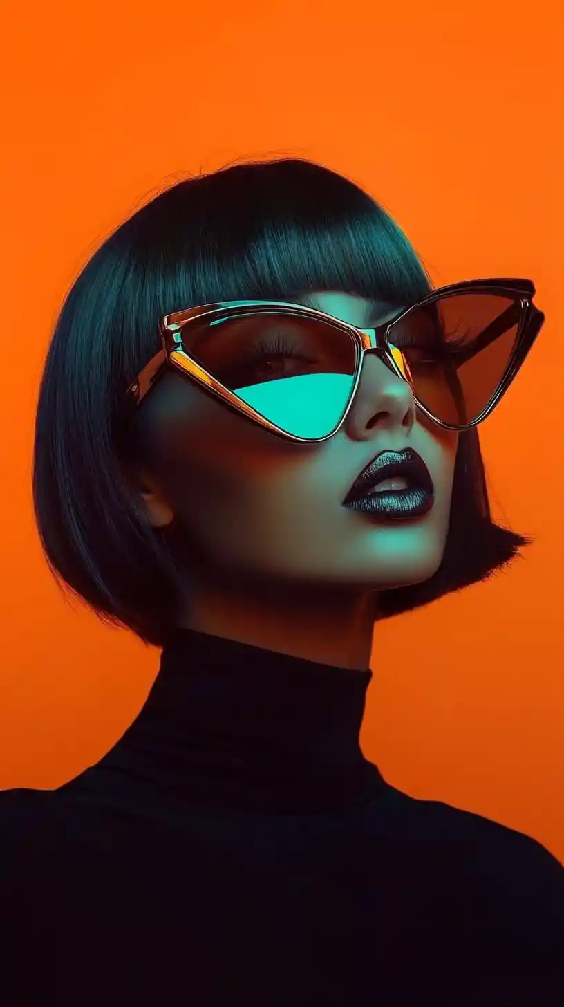 Stylized woman in cat eye sunglasses on vivid orange background