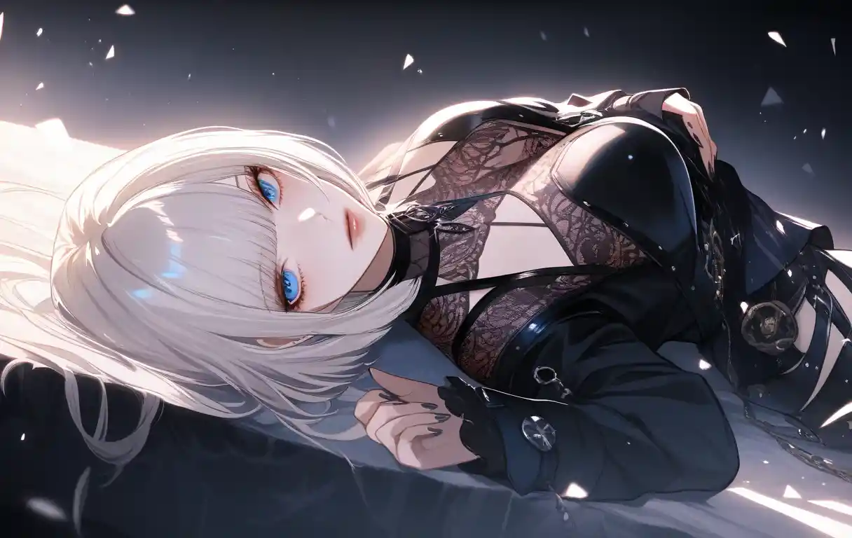 Goth fashion woman with platinum bob lying on her back