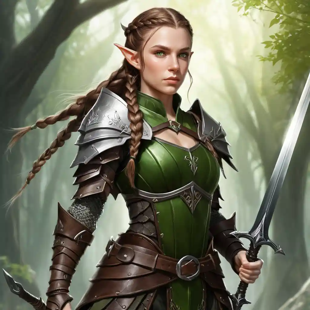 Elf warrior woman with braids and dual bladed sword