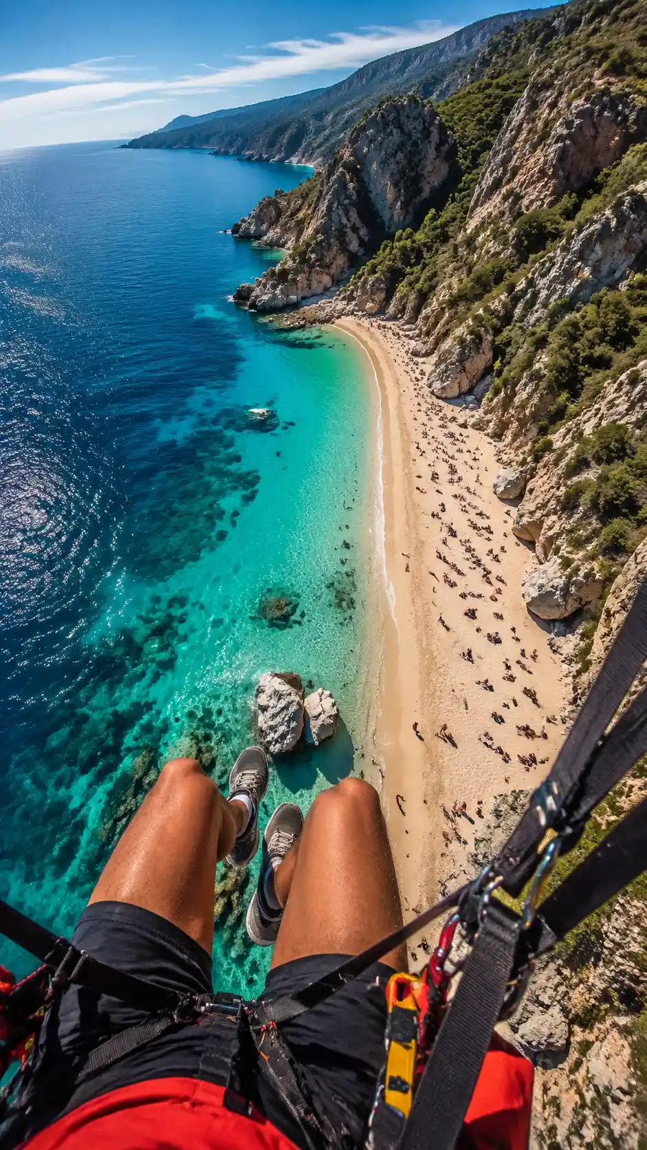 First person paraglider view above Mediterranean coastline