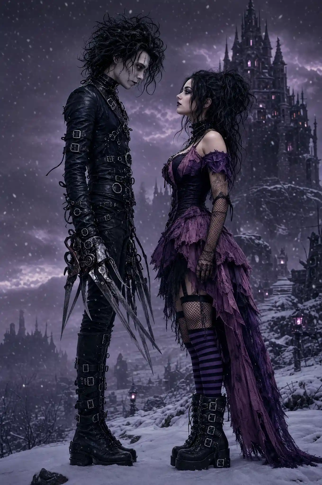 Gothic couple standing in the snow facing each other