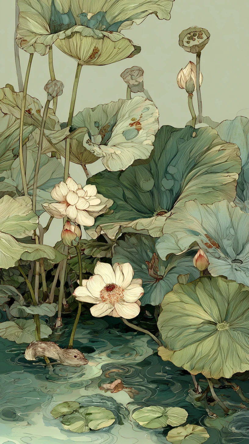 Meditative strawberry creature in a tranquil lotus pond