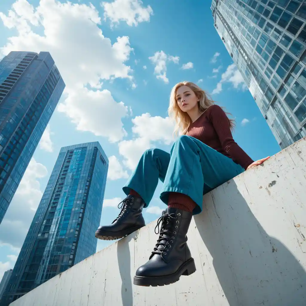 Young woman in cityscape seen from bold low angle