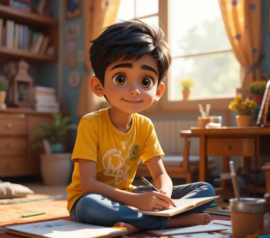 Indian boy drawing in a colorful bedroom with sunlight