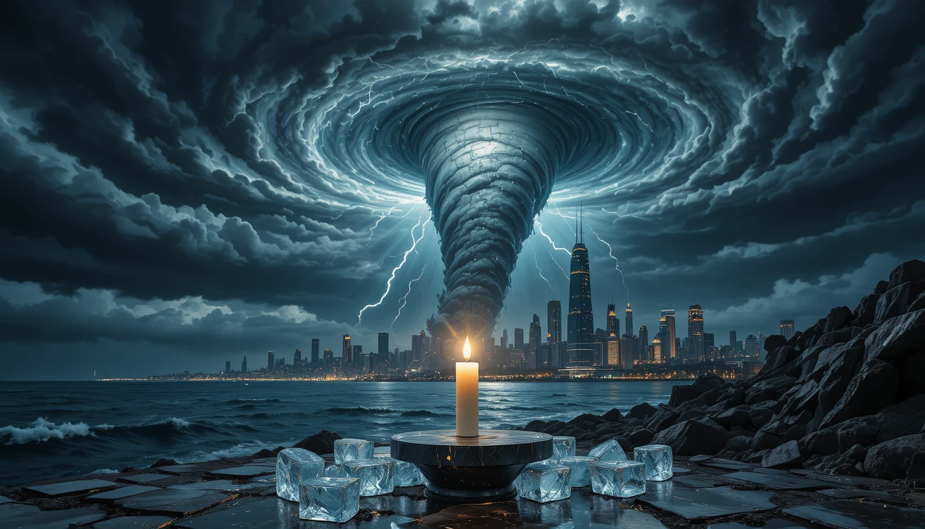 Colossal Tornado Over Coastal City With Lightning Strikes