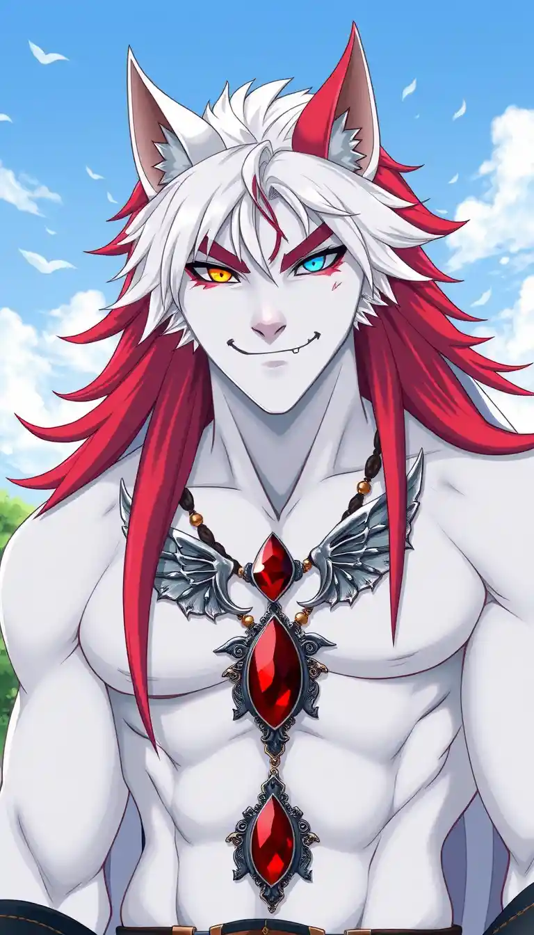 Confident heterochromatic beast boy in manga style outdoors